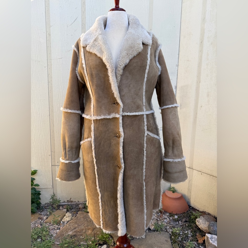 Sundance Tan Suede Leather Shearling Midi Sherpa Winter Coat Boho Winter Luxe